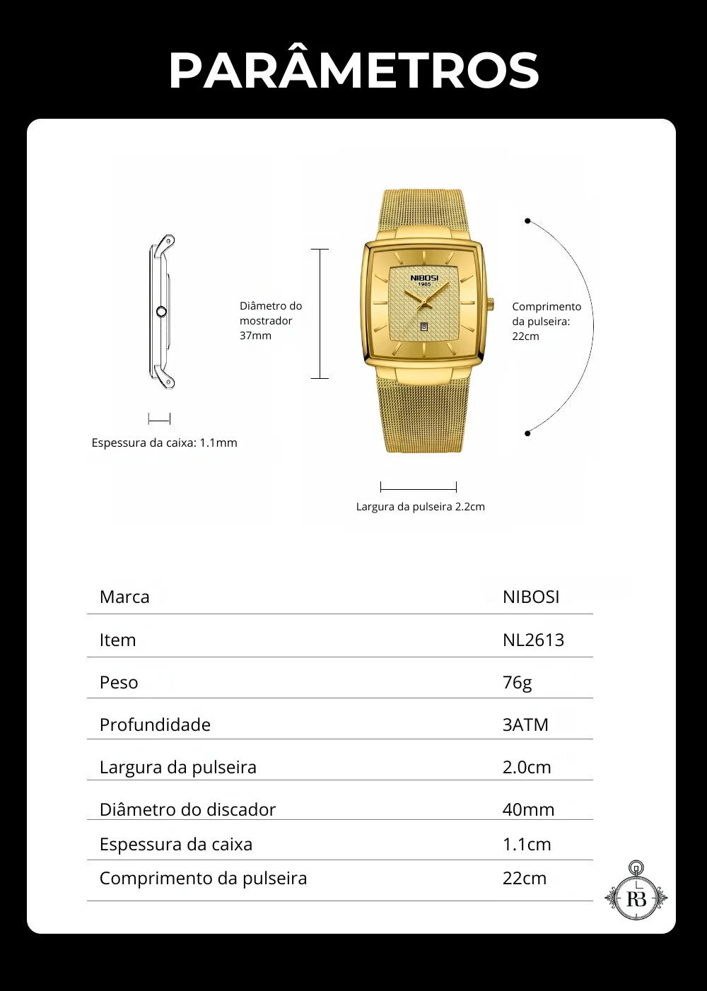 Relógio NIbosi Dourado Masculino Quadrado de Quartzo 0994